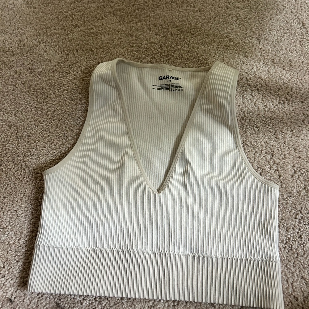Garage Cream Ribbed V-Neck Women's Top